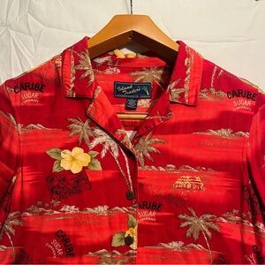 Island Traders Shirt womens Large Red Hawaiian Aloha Rayon Camp Tropical Resort